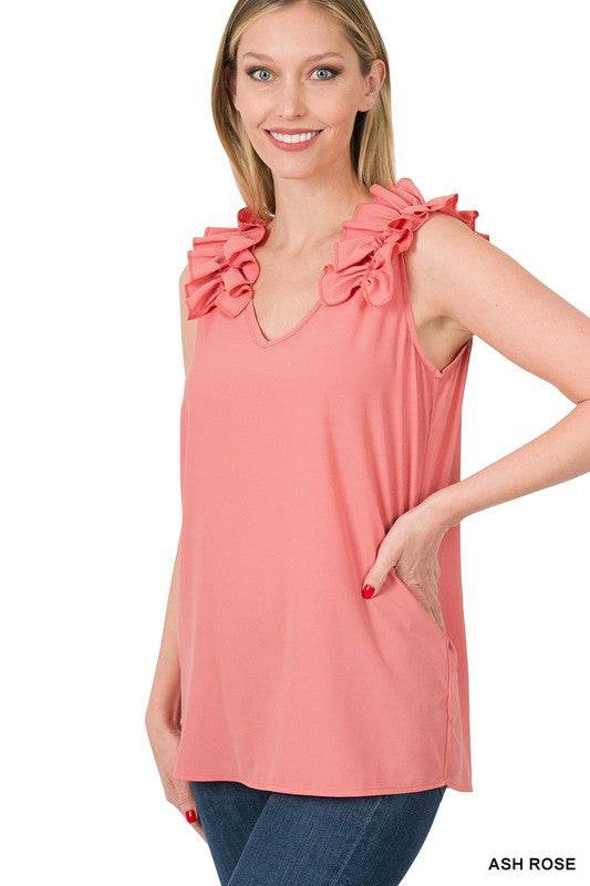 Woven Wool Dobby Ruffle Trim Sleeveless Top - Shop Style & More | Fresh Looks, Everyday Deals & Free Shipping