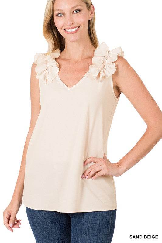 Woven Wool Dobby Ruffle Trim Sleeveless Top - Shop Style & More | Fresh Looks, Everyday Deals & Free Shipping