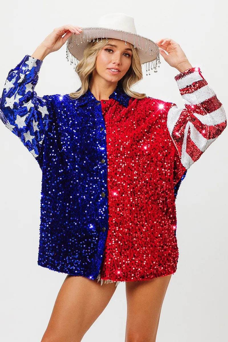 BiBi American Flag Sequin Snap Down Shirt - Shop Style & More | Fresh Looks, Everyday Deals & Free Shipping
