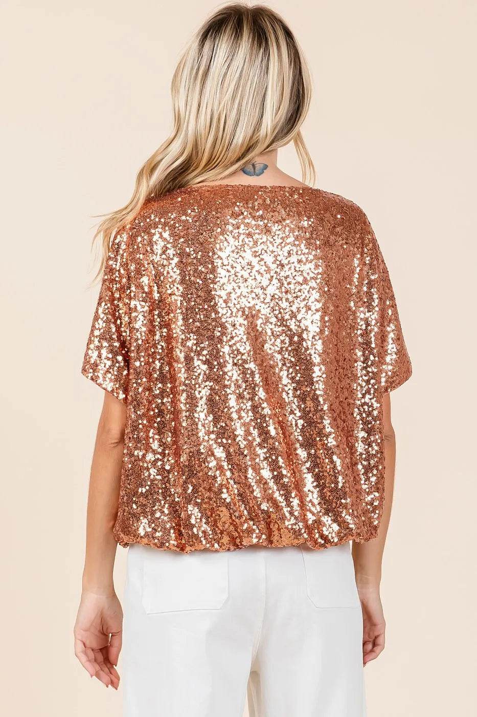 Mittoshop Sequin Short Sleeve Elastic Band Hem Top - Shop Style & More | Fresh Looks, Everyday Deals & Free Shipping