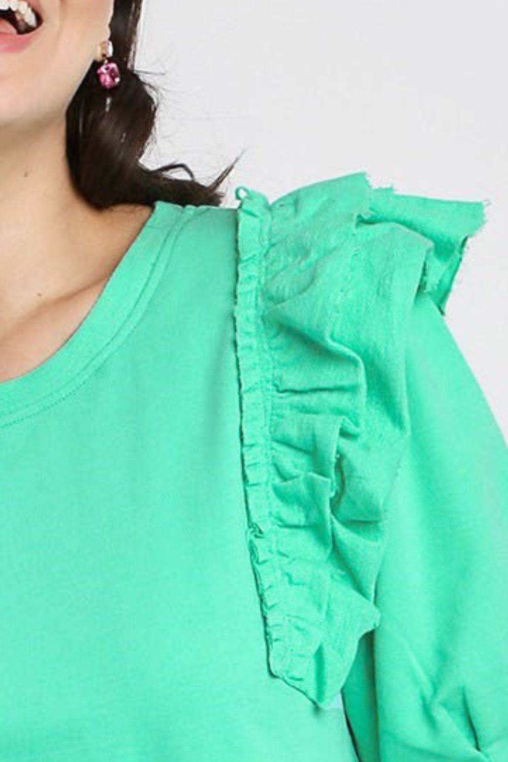 Umgee Full Size French Terry Ruffles Sleeve with Pleats Plus Size - Shop Style & More | Fresh Looks, Everyday Deals & Free Shipping