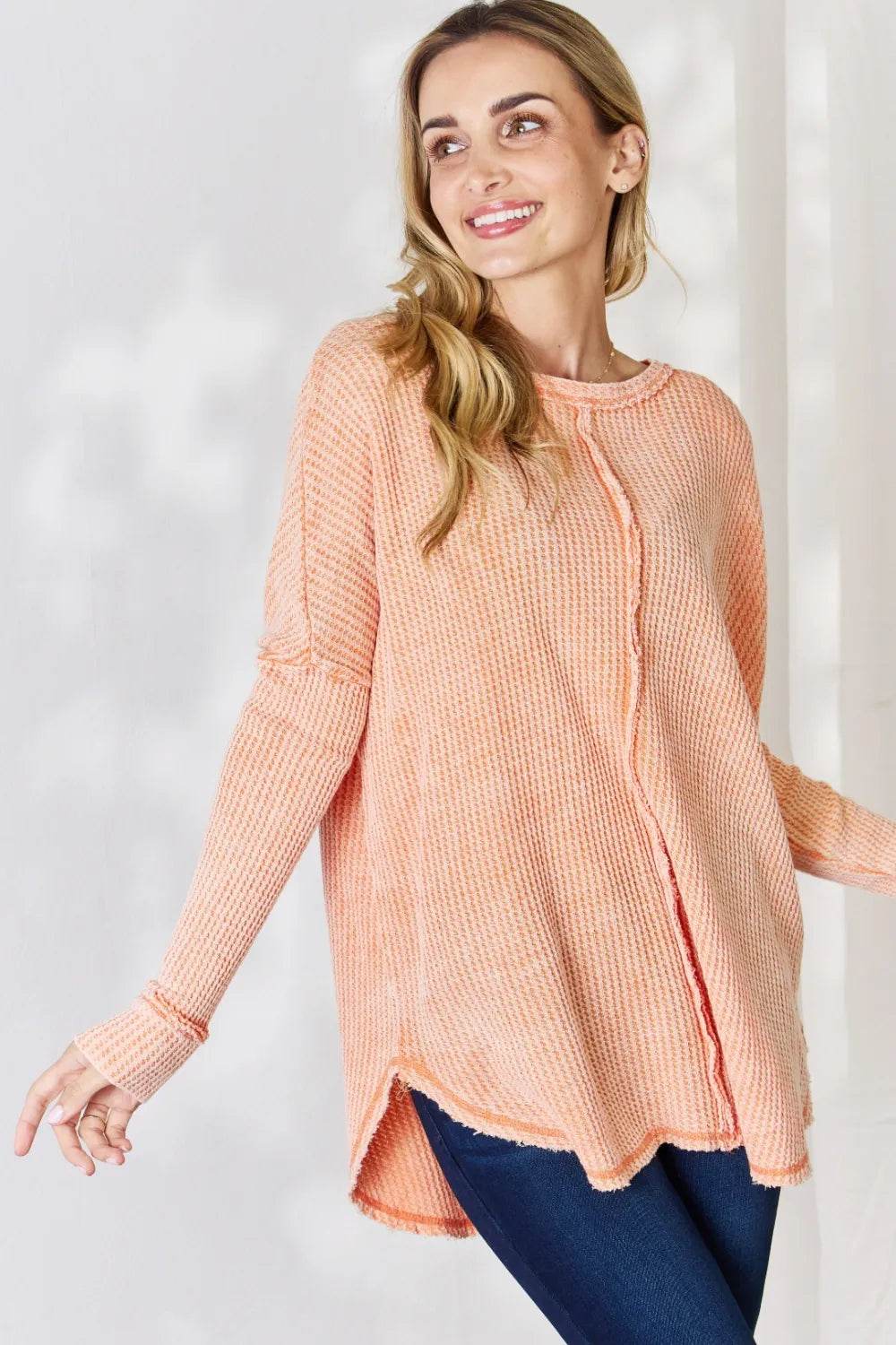 Zenana Oversized Washed Waffle Long Sleeve Top - Shop Style & More | Fresh Looks, Everyday Deals & Free Shipping