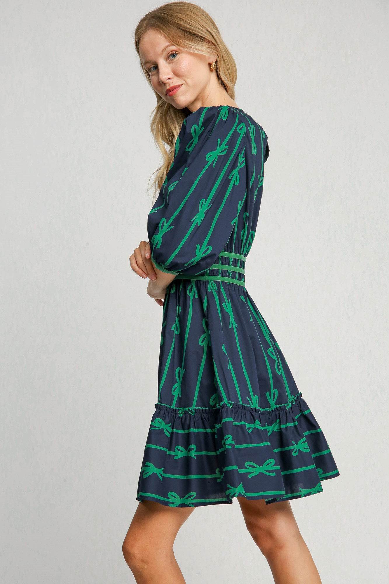 Umgee Ribbon Print Frill Contrast Velvet Trim Half Sleeve Dress - Shop Style & More | Fresh Looks, Everyday Deals & Free Shipping