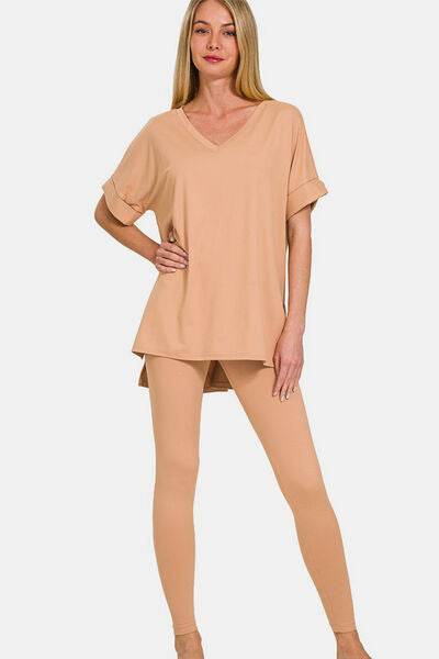 Zenana Full Size V-Neck Rolled Short Sleeve T-Shirt and Leggings Lounge Set - Shop Style & More | Fresh Looks, Everyday Deals & Free Shipping