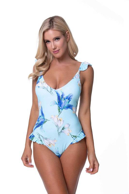 BLUE FLORAL RUFFLE TRIM ONE PIECE SWIMWEAR - Shop Style & More | Fresh Looks, Everyday Deals & Free Shipping