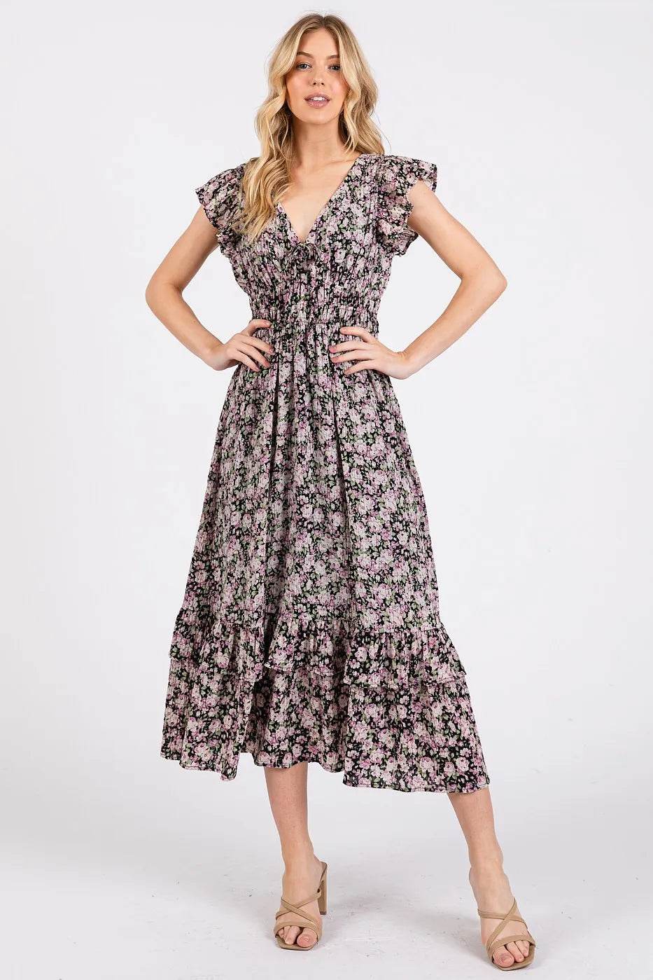 Mittoshop Flower Print Ruffle Cap Sleeve V-neck Midi Dress - Shop Style & More | Fresh Looks, Everyday Deals & Free Shipping