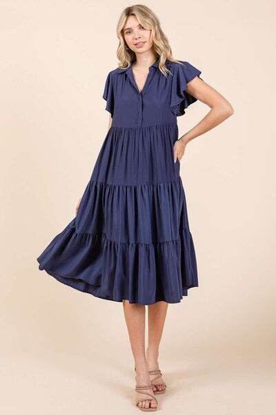 Mittoshop Ruffle Sleeve Collared V Neck Tiered Midi Dress - Shop Style & More | Fresh Looks, Everyday Deals & Free Shipping