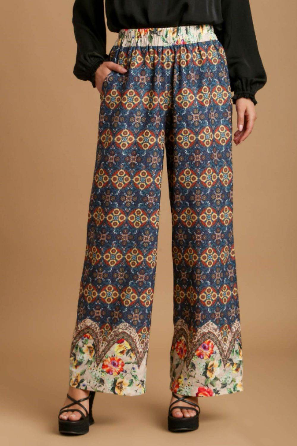 Umgee Full Size Mixed Print Elastic Waistband Pants Plus Size - Shop Style & More | Fresh Looks, Everyday Deals & Free Shipping