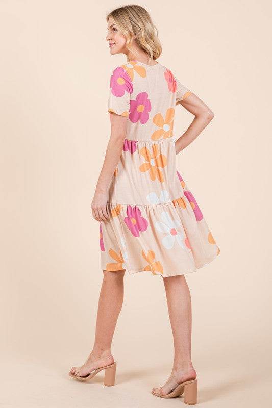 BOMBOM Floral Round Neck Short Sleeve Tiered Dress - Shop Style & More | Fresh Looks, Everyday Deals & Free Shipping
