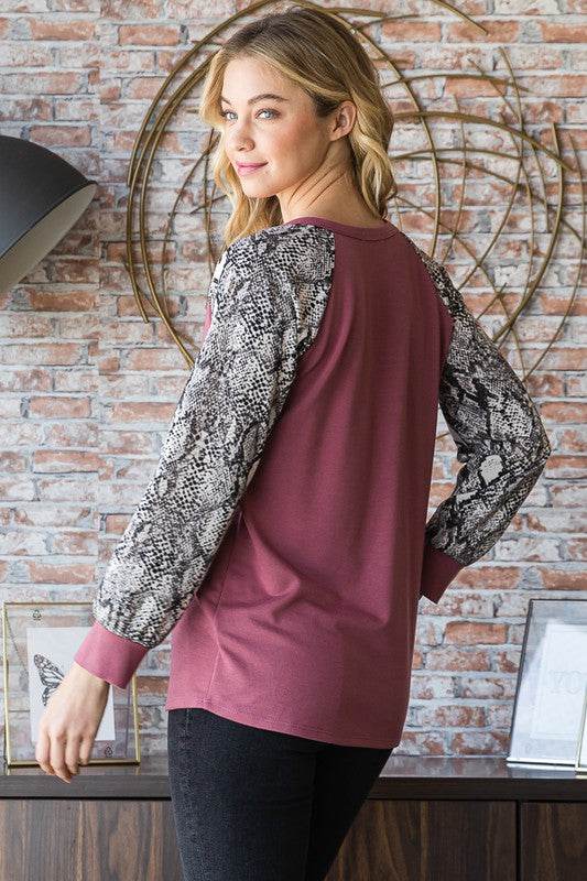 Heimish Full Size Snakeskin Print Raglan Sleeve Half Button Top - Shop Style & More | Fresh Looks, Everyday Deals & Free Shipping