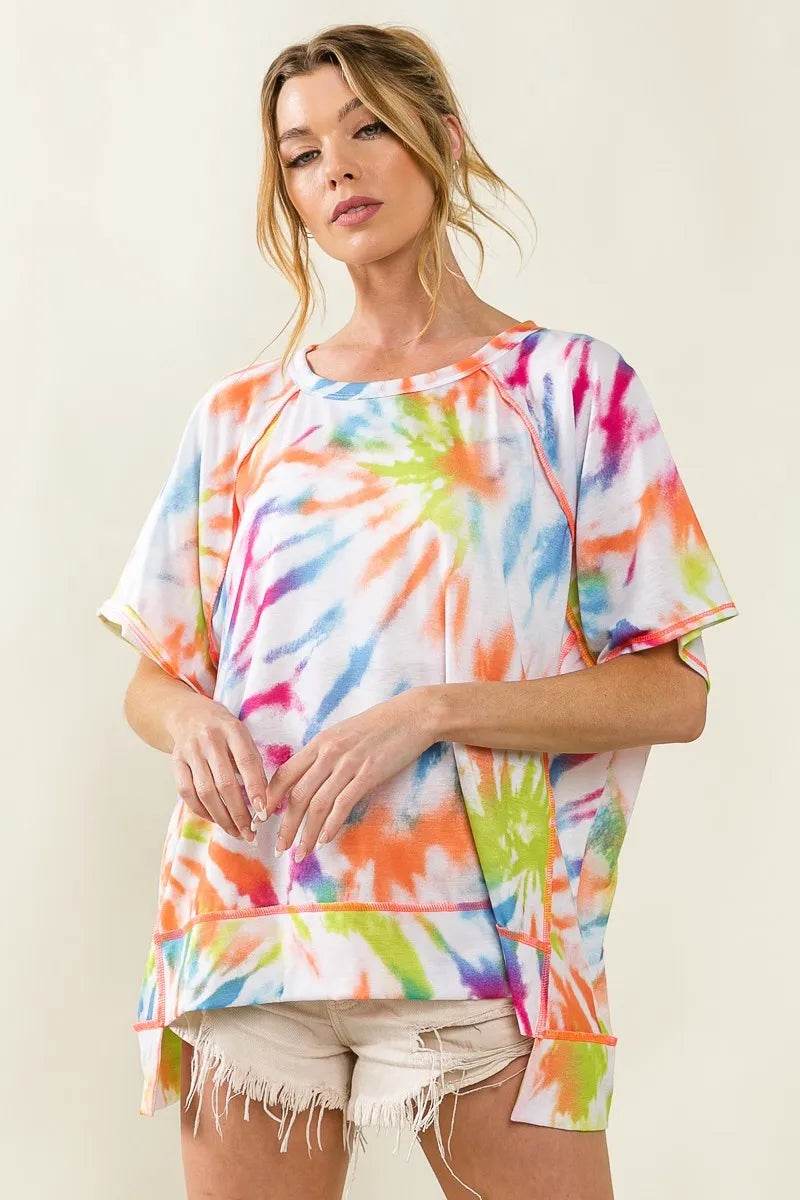 BiBi Tie Dye Print Jersey Stitched Uneven Hem Top - Shop Style & More | Fresh Looks, Everyday Deals & Free Shipping