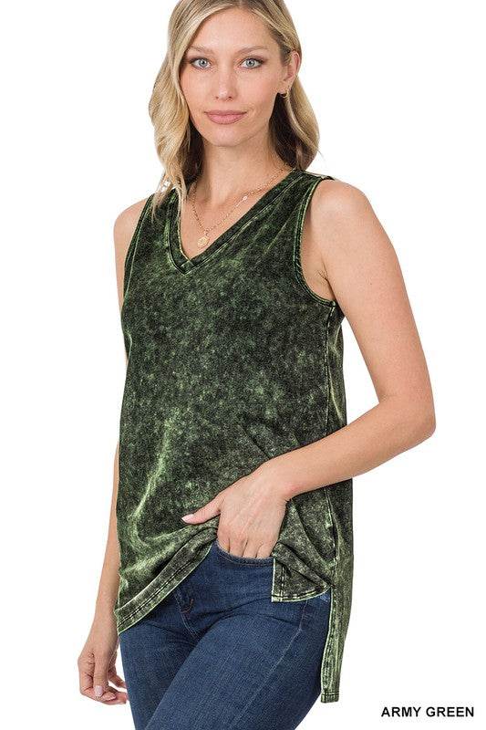 Mineral Wash Sleeveless V-Neck Top With Side Slit - Shop Style & More | Fresh Looks, Everyday Deals & Free Shipping
