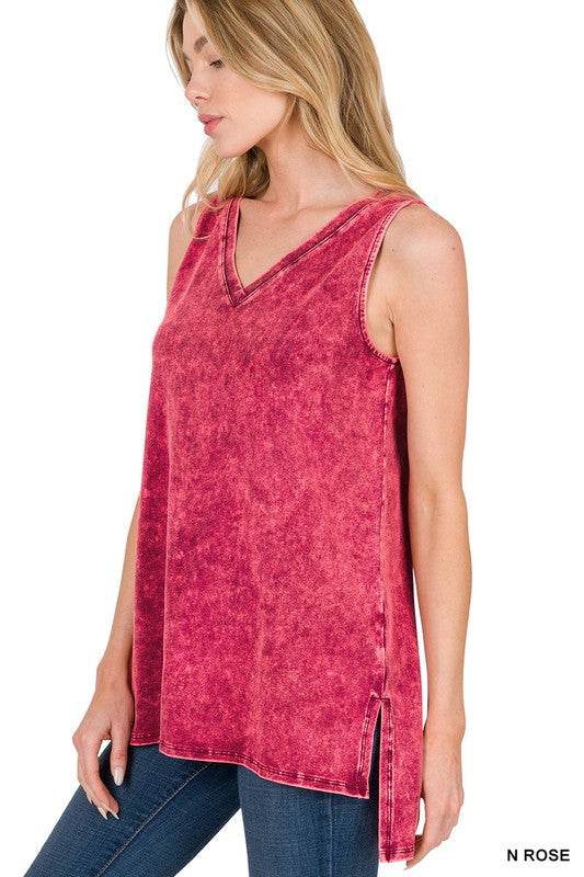 Mineral Wash Sleeveless V-Neck Top With Side Slit - Shop Style & More | Fresh Looks, Everyday Deals & Free Shipping