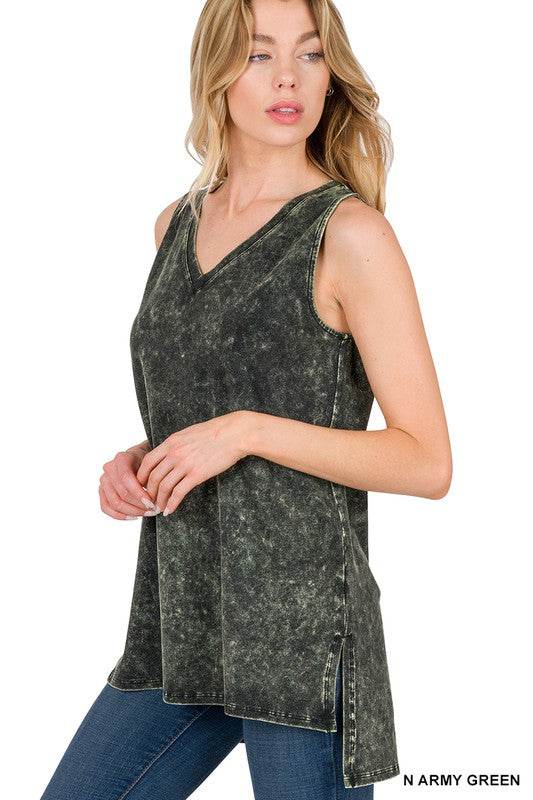 Mineral Wash Sleeveless V-Neck Top With Side Slit - Shop Style & More | Fresh Looks, Everyday Deals & Free Shipping
