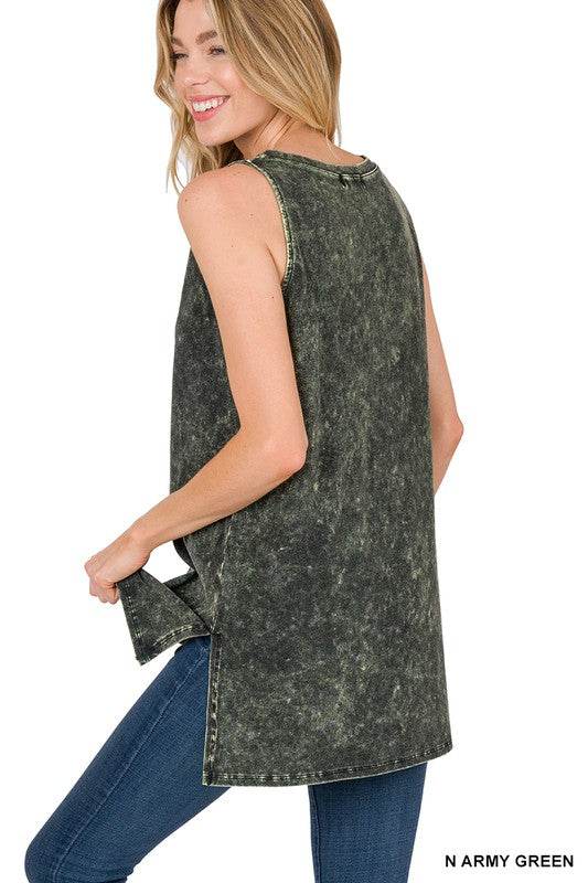 Mineral Wash Sleeveless V-Neck Top With Side Slit - Shop Style & More | Fresh Looks, Everyday Deals & Free Shipping