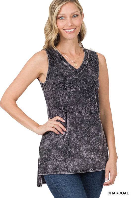 Mineral Wash Sleeveless V-Neck Top With Side Slit - Shop Style & More | Fresh Looks, Everyday Deals & Free Shipping