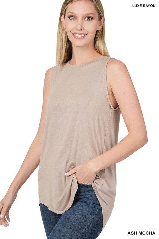 Luxe Rayon Sleeveless Round Neck Hi-Low Hem Top - Shop Style & More | Fresh Looks, Everyday Deals & Free Shipping