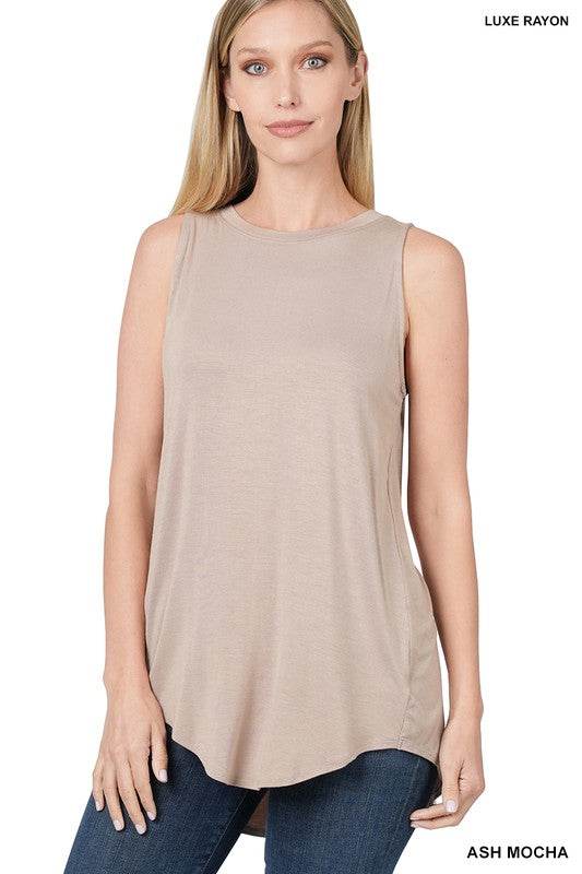Luxe Rayon Sleeveless Round Neck Hi-Low Hem Top - Shop Style & More | Fresh Looks, Everyday Deals & Free Shipping