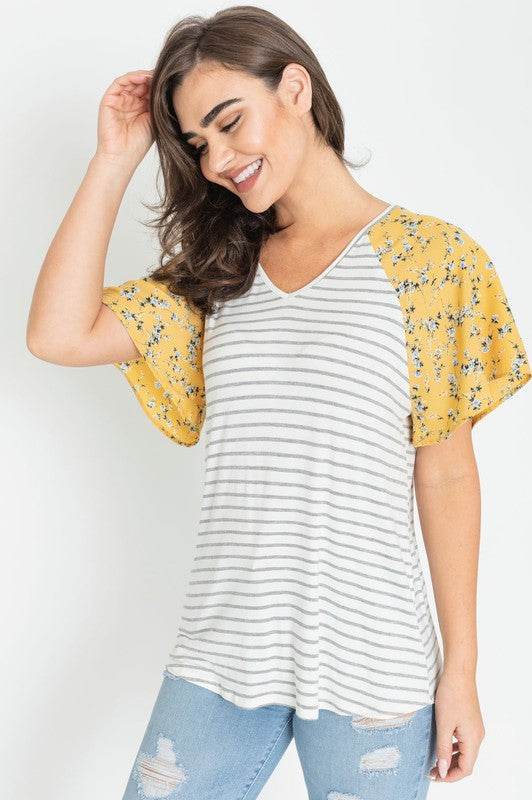 V Neck Stripe Floral Sleeve Tunic - Shop Style & More | Fresh Looks, Everyday Deals & Free Shipping