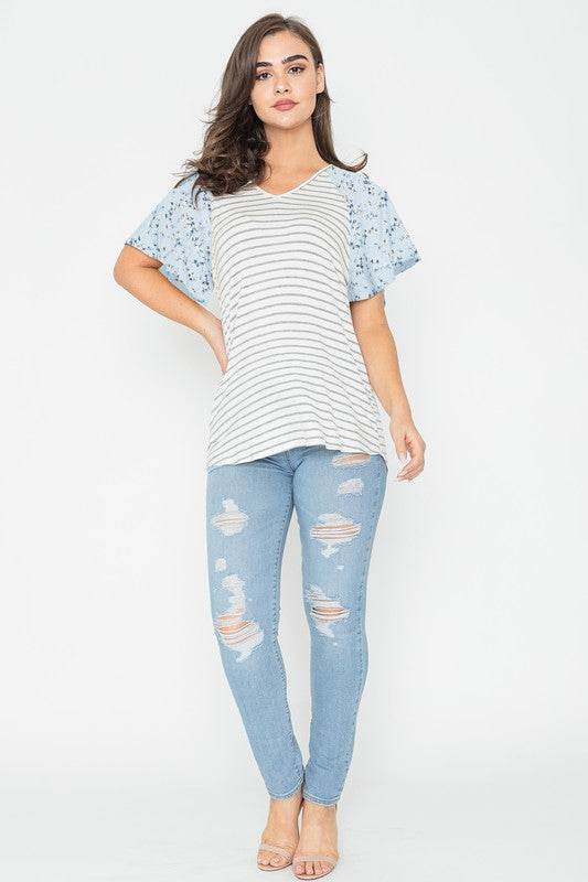 V Neck Stripe Floral Sleeve Tunic - Shop Style & More | Fresh Looks, Everyday Deals & Free Shipping