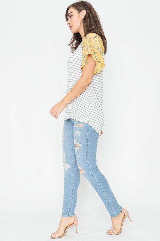 V Neck Stripe Floral Sleeve Tunic - Shop Style & More | Fresh Looks, Everyday Deals & Free Shipping