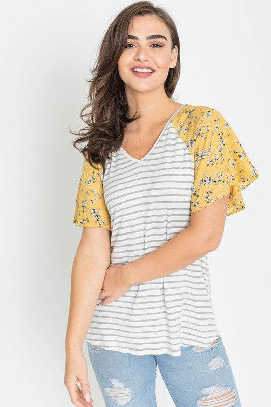 V Neck Stripe Floral Sleeve Tunic - Shop Style & More | Fresh Looks, Everyday Deals & Free Shipping