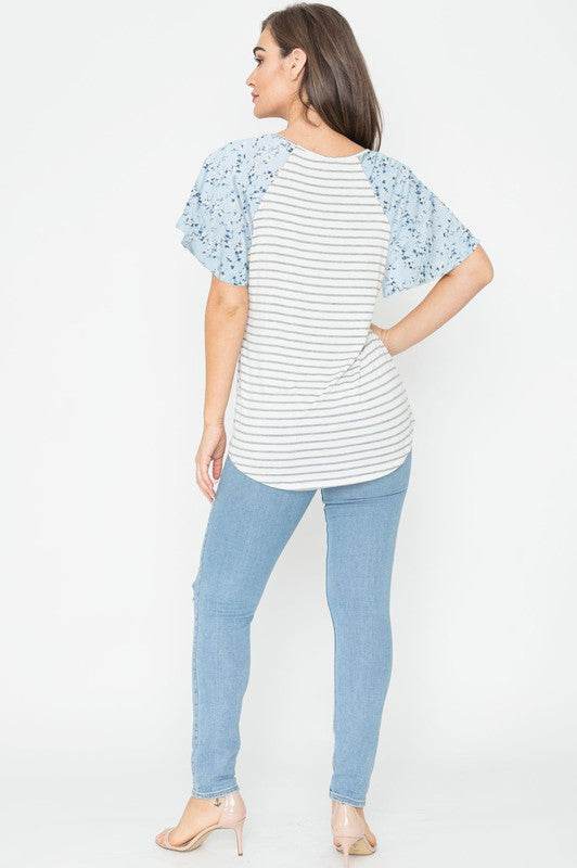 V Neck Stripe Floral Sleeve Tunic - Shop Style & More | Fresh Looks, Everyday Deals & Free Shipping