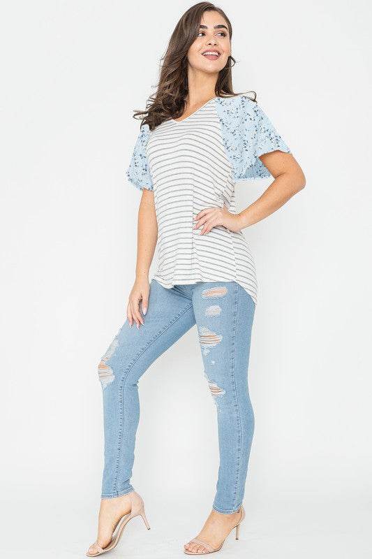 V Neck Stripe Floral Sleeve Tunic - Shop Style & More | Fresh Looks, Everyday Deals & Free Shipping