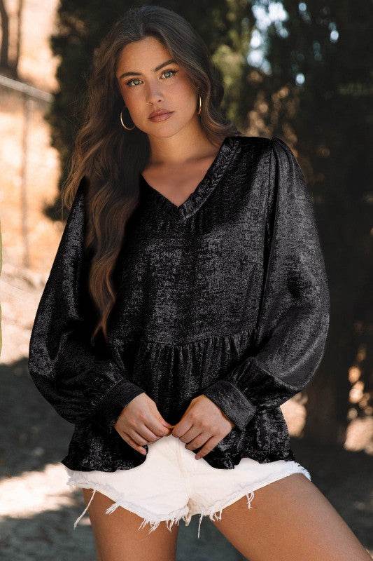 Metallic Frilled V Neck Puff Sleeve Babydoll Blous - Shop Style & More | Fresh Looks, Everyday Deals & Free Shipping