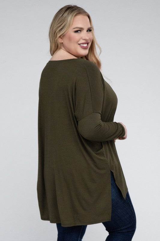 Plus Dolman Sleeve V-Neck Side Slit Hi-Low Hem Top - Shop Style & More | Fresh Looks, Everyday Deals & Free Shipping