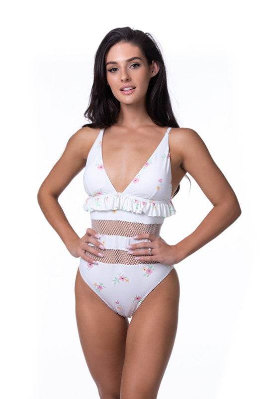 BEIGE FLORAL RUFFLE TRIM MESH ONE PIECE SWIM - Shop Style & More | Fresh Looks, Everyday Deals & Free Shipping