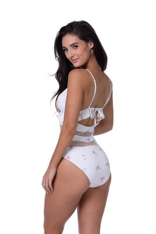 BEIGE FLORAL RUFFLE TRIM MESH ONE PIECE SWIM - Shop Style & More | Fresh Looks, Everyday Deals & Free Shipping