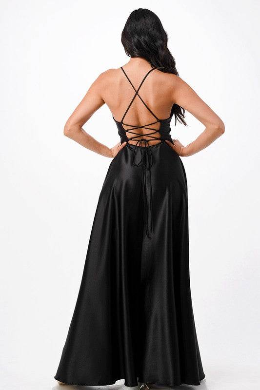open side back spaghetti zig zag tie satin gown - Shop Style & More | Fresh Looks, Everyday Deals & Free Shipping