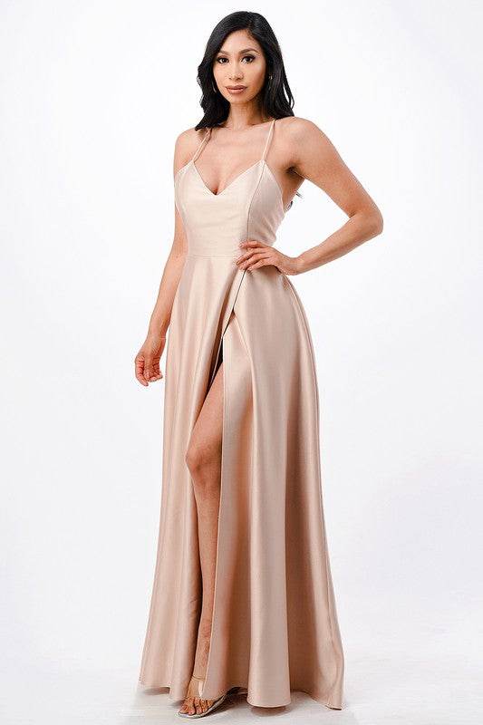 open side back spaghetti zig zag tie satin gown - Shop Style & More | Fresh Looks, Everyday Deals & Free Shipping
