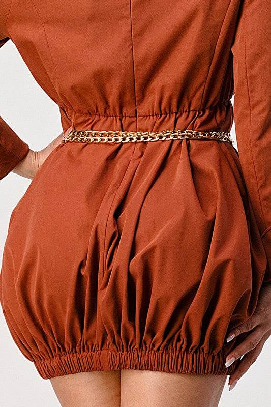 Terracotta Trench Romper with Gold Chain Belt - Shop Style & More | Fresh Looks, Everyday Deals & Free Shipping