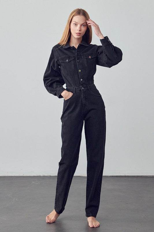 High Waist Flap Pocket Half Button Denim Jumpsuit - Shop Style & More | Fresh Looks, Everyday Deals & Free Shipping