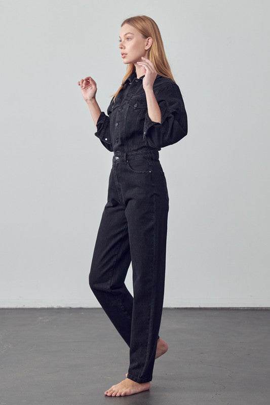 High Waist Flap Pocket Half Button Denim Jumpsuit - Shop Style & More | Fresh Looks, Everyday Deals & Free Shipping