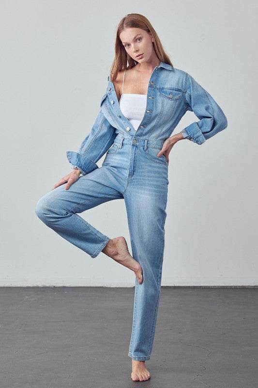 High Waist Flap Pocket Half Button Denim Jumpsuit - Shop Style & More | Fresh Looks, Everyday Deals & Free Shipping