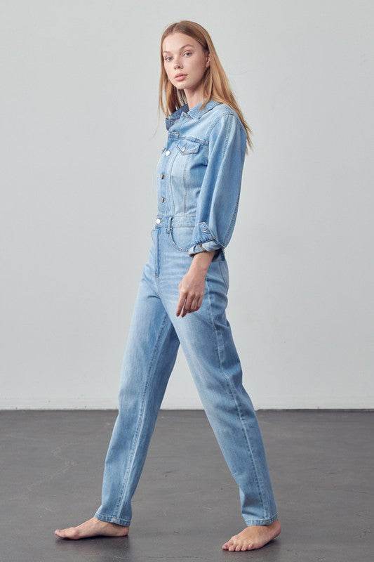 High Waist Flap Pocket Half Button Denim Jumpsuit - Shop Style & More | Fresh Looks, Everyday Deals & Free Shipping
