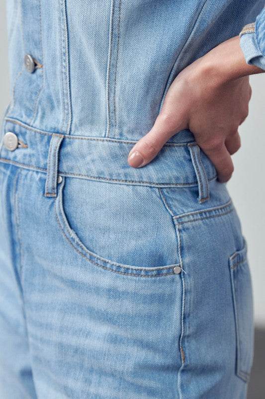 High Waist Flap Pocket Half Button Denim Jumpsuit - Shop Style & More | Fresh Looks, Everyday Deals & Free Shipping