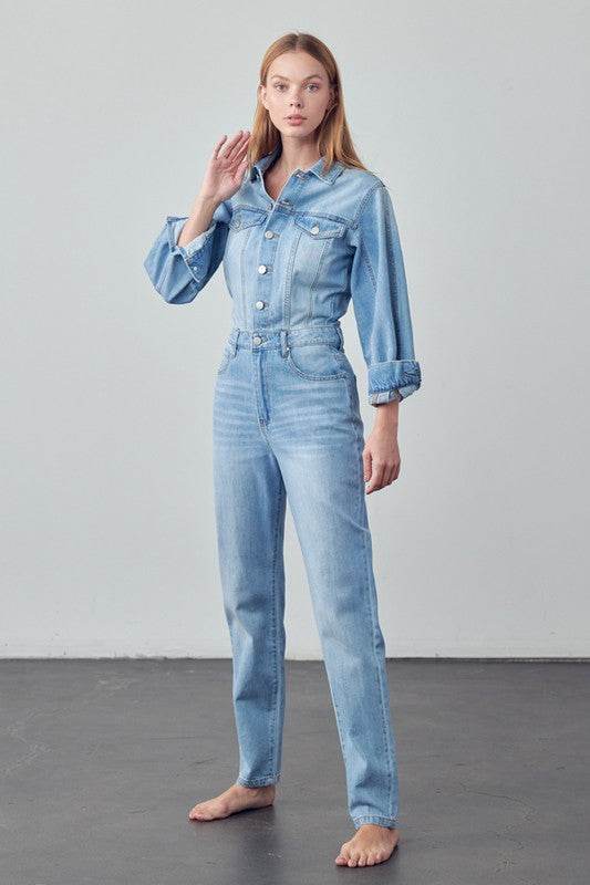 High Waist Flap Pocket Half Button Denim Jumpsuit - Shop Style & More | Fresh Looks, Everyday Deals & Free Shipping