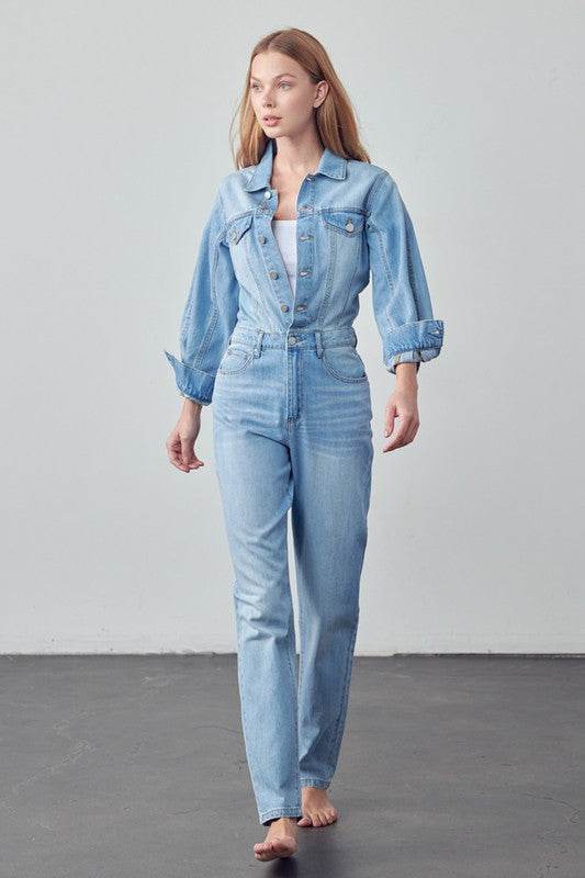 High Waist Flap Pocket Half Button Denim Jumpsuit - Shop Style & More | Fresh Looks, Everyday Deals & Free Shipping