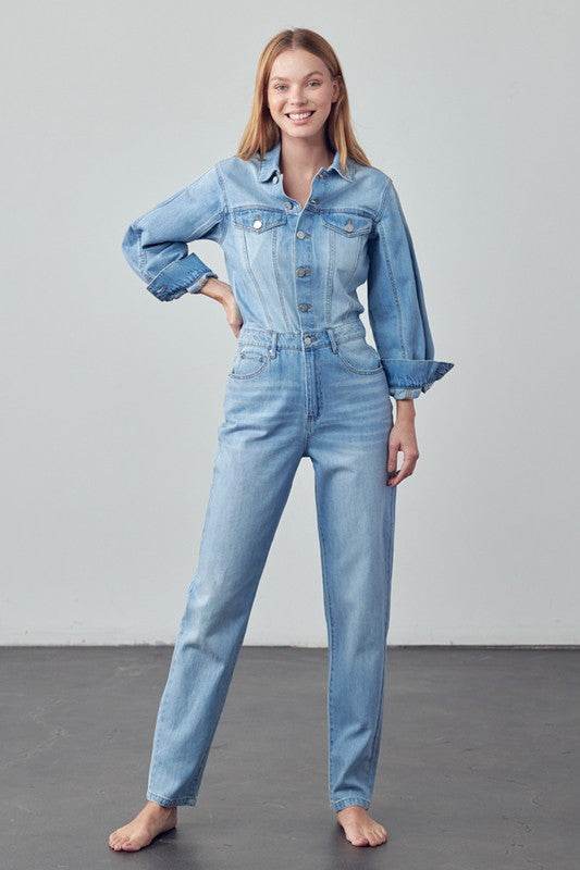 High Waist Flap Pocket Half Button Denim Jumpsuit - Shop Style & More | Fresh Looks, Everyday Deals & Free Shipping