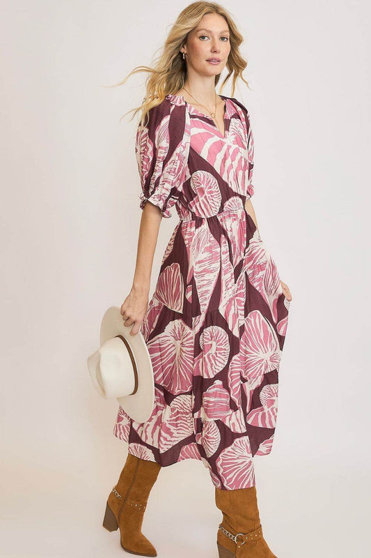 Umgee Full Size Printed Notched Puff Sleeve Midi Dress Plus Size - Shop Style & More | Fresh Looks, Everyday Deals & Free Shipping