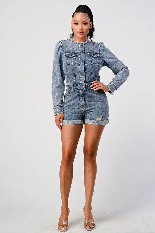 LONG SLEEVE DENIM ROMPER - Shop Style & More | Fresh Looks, Everyday Deals & Free Shipping