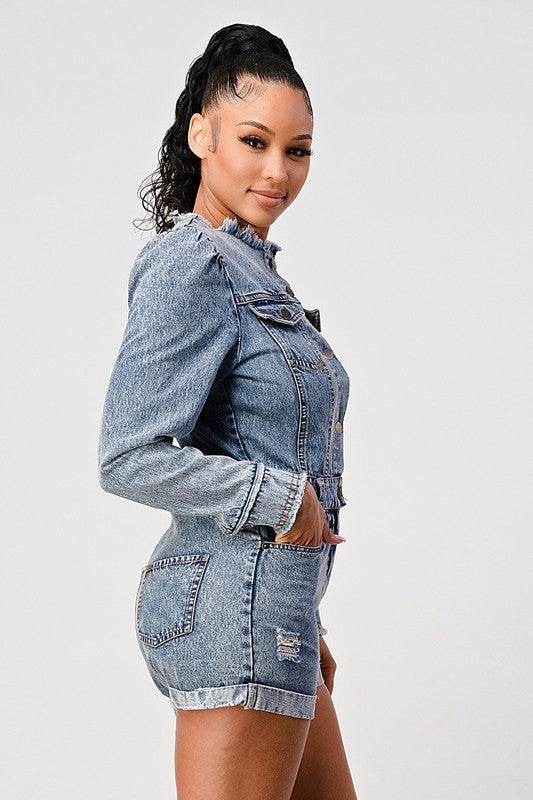 LONG SLEEVE DENIM ROMPER - Shop Style & More | Fresh Looks, Everyday Deals & Free Shipping
