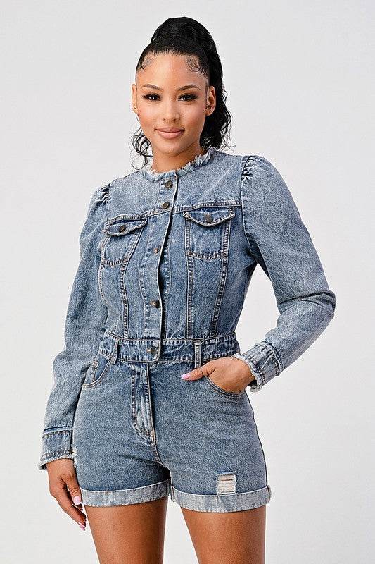 LONG SLEEVE DENIM ROMPER - Shop Style & More | Fresh Looks, Everyday Deals & Free Shipping