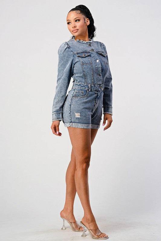 LONG SLEEVE DENIM ROMPER - Shop Style & More | Fresh Looks, Everyday Deals & Free Shipping