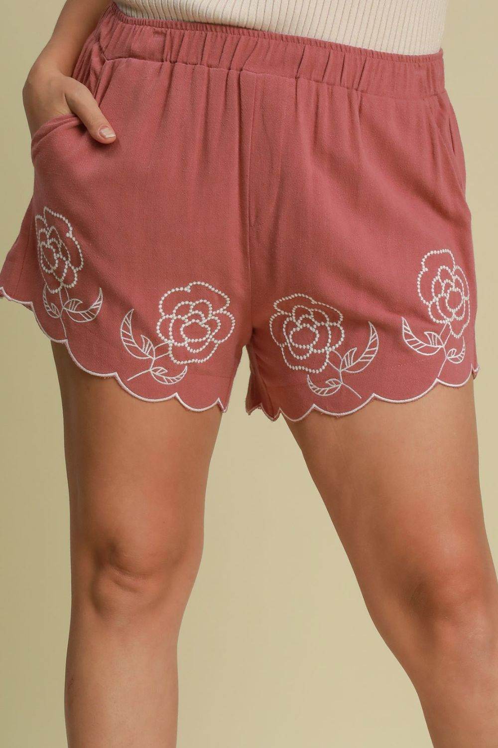 Umgee Full Size Linen Blend Shorts with Floral Embroidered Details Plus Size - Shop Style & More | Fresh Looks, Everyday Deals & Free Shipping