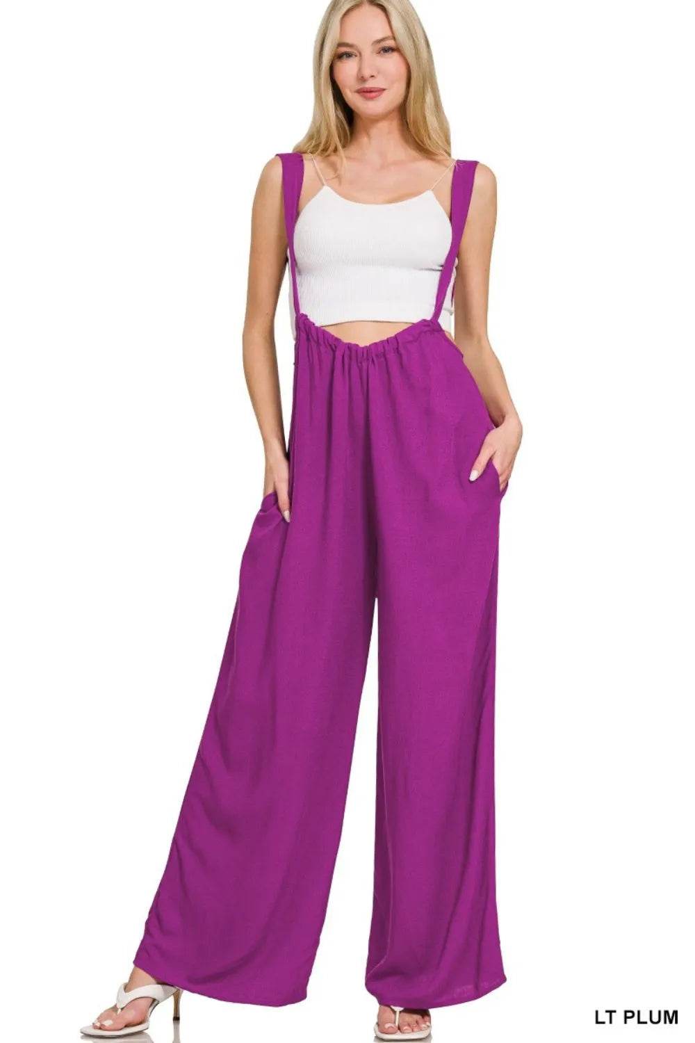 Zenana Woven Tie Back Suspender Jumpsuit - Shop Style & More | Fresh Looks, Everyday Deals & Free Shipping